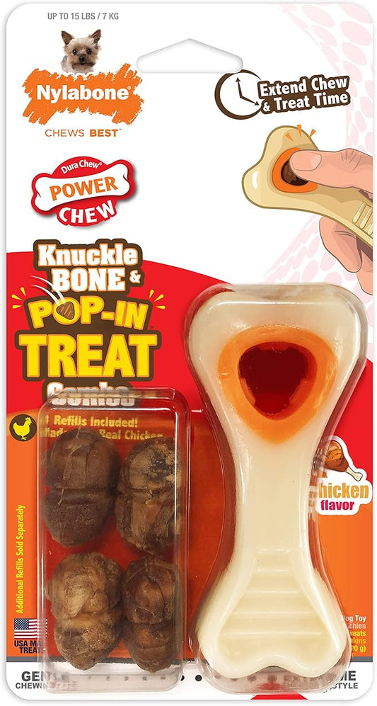 Nylabone Power Chew Knuckle Bone & Pop-In Dog Treat Toy Combo with Chicken Flavor Treat Refills, Chew Toy for Aggressive Chewers, Durable Treat Pouch, X-Small/Petite - Up to 15 lbs. (1 Count)
