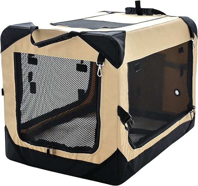 20 Inch Collapsible Dog Crate for Small Dogs, 4-Door Foldable Soft Dog Kennel with Chew Proof Mesh Windows, Indoor & Outdoor Travel Dog Crate, Soft Side Dog Crate,Beige