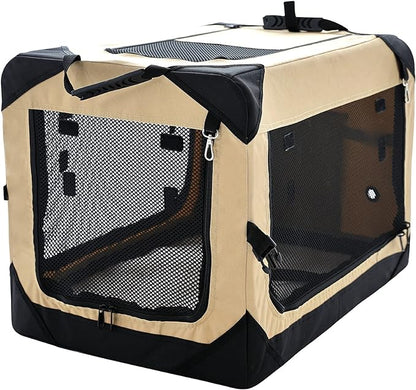 20 Inch Collapsible Dog Crate for Small Dogs, 4-Door Foldable Soft Dog Kennel with Chew Proof Mesh Windows, Indoor & Outdoor Travel Dog Crate, Soft Side Dog Crate,Beige