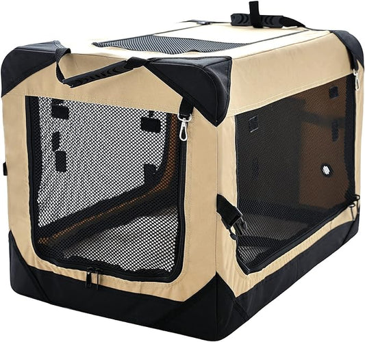 20 Inch Collapsible Dog Crate for Small Dogs, 4-Door Foldable Soft Dog Kennel with Chew Proof Mesh Windows, Indoor & Outdoor Travel Dog Crate, Soft Side Dog Crate,Beige