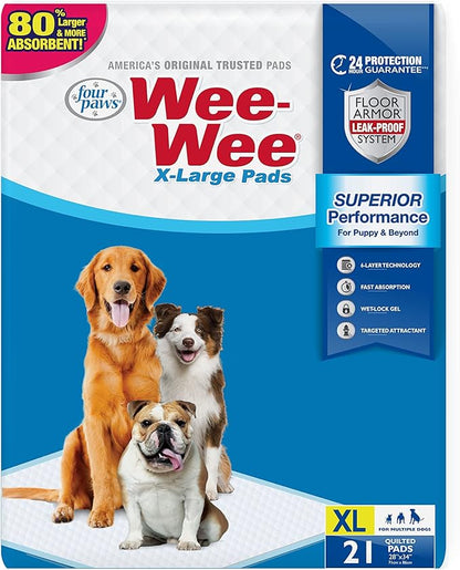 Four Paws Wee-Wee Superior Performance XL Pee Pads for Extra Large Dogs, Leak-Proof Floor Protection Dog & Puppy Quilted Potty Training Pads, Unscented, 28" x 34" (21 Count)