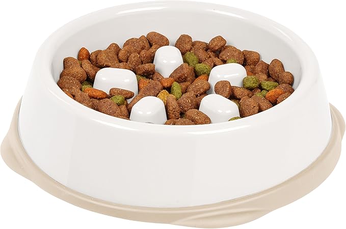 IRIS USA 2 Cups Slow Feeder Dog Bowl, Anti-Choking, Anti-Slip, Easy to Clean, Interactive Puzzle Toy, Healthy Digestion, Short snouted, Dogs Cats & Other Pets, BPA, PVC, Phthalate Free, White/Beige