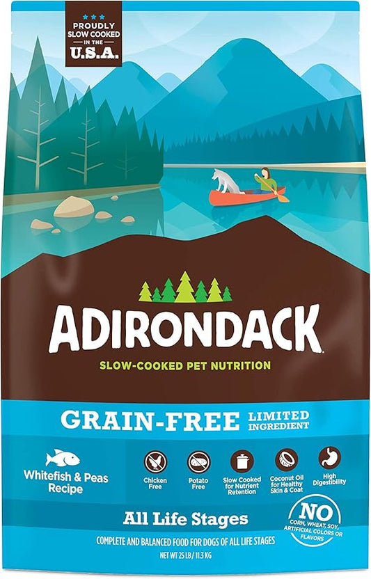 Adirondack Dog Food Made in USA [Limited Ingredient Grain Free Dog Food], All Life Stages Dry Dog Food, Whitefish and Peas Recipe, 25 lb. Bag
