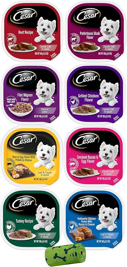 Cesar Soft Wet Dog Food Classic Bundle with 08 Flavors(1 Unit Each Flavor) . Total Units .Bundle a 1 roll Green Bone Waste Bag., 3.5 Ounce (Pack of 8)