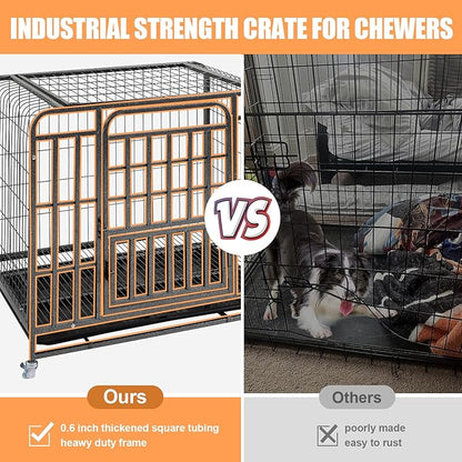 42 inch Large Dog Crate, Heavy Duty Metal Dog Kennel Indoor for Large Breed, Double Door Big Dog Cage, Dog Crate Tray Replacement, Lockable Wheels