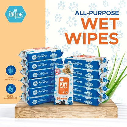 MED PRIDE Pet Wipes [12 Packs of 60] for Dogs & Cats - Hypoallergenic Cleaning Deodorizing Dog Wipes with Aloe Vera - Alcohol and Paraben-Free Pet Wipes- Extra Soft Cat Bathing Wipes for Fur