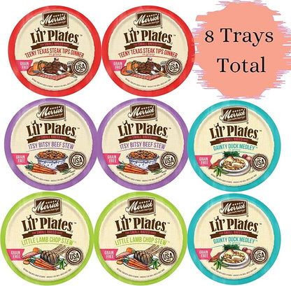 Merrick Lil' Plates Grain Free Wet Dog Food for Small Breeds - 4 Flavor 8 Tray Variety (2) Each: Steak Tips, Beef Stew, Duck Medley & Lamb Chops. Plus Healthy Pets Tip Booklet & Roll of Dog Waste Bags