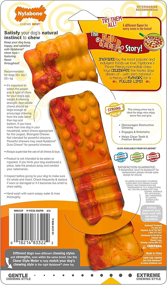 Nylabone Strong Chew Flavor Frenzy Souper Bone Chew Toy for Dogs, Indestructible Chew Toys for Aggressive Chewers, Pepperoni Pizza Flavor, X-Large/Souper - 50+ lbs. (1 Count)