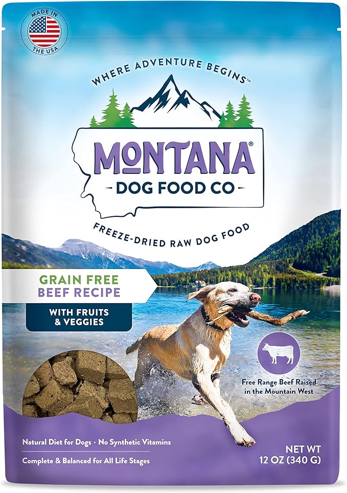 Montana Dog Food Grain-Free Small Batch Freeze Dried Raw Dog Food (Free-Range Beef) Made in USA, Prebiotics & Probiotics, No Synthetic Vitamins, Dog Food Topper or Complete Meal (12 oz)