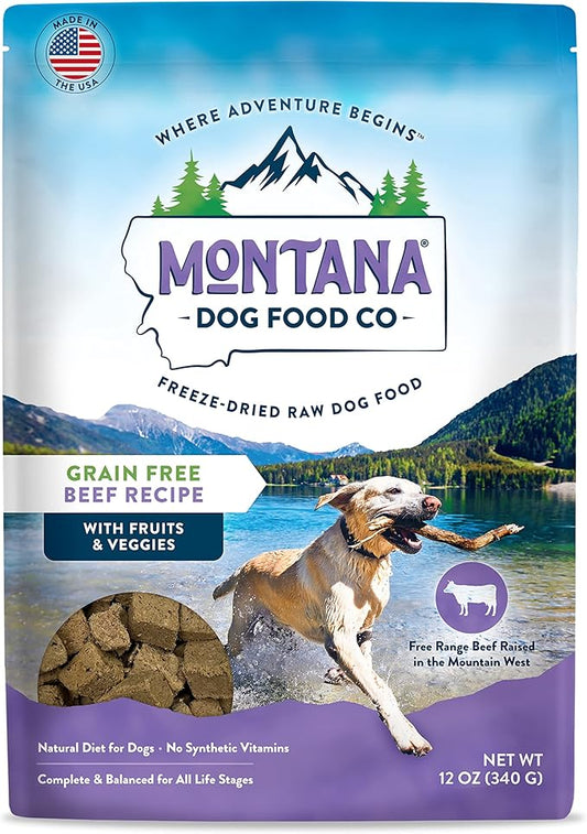 Montana Dog Food Grain-Free Small Batch Freeze Dried Raw Dog Food (Free-Range Beef) Made in USA, Prebiotics & Probiotics, No Synthetic Vitamins, Dog Food Topper or Complete Meal (12 oz)