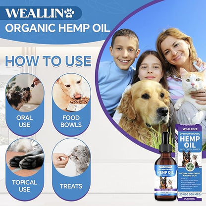 Hemp Oil for Dogs and Cats, rich in Omega 3, 6, 9 and Organic Extract Helps Pets with Anxiety, Pain, Skin and Coat Health, Stress, Hip and Joint Support, Pet's Calming Treat (1 Pack)