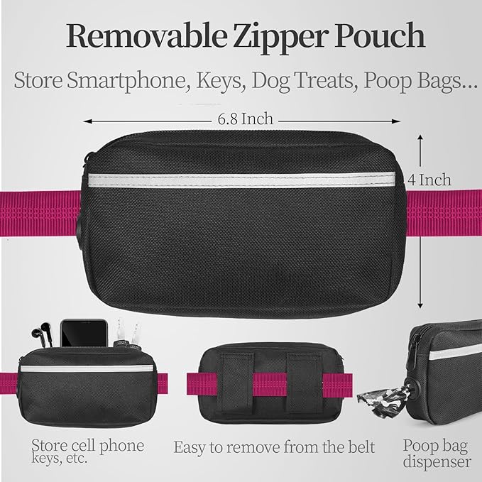 iYoShop Hands Free Dog Leash with Zipper Pouch, Dual Padded Handles and Durable Bungee for Walking, Jogging and Running Your Dog (Large, 25-120 lbs, Very Berry)