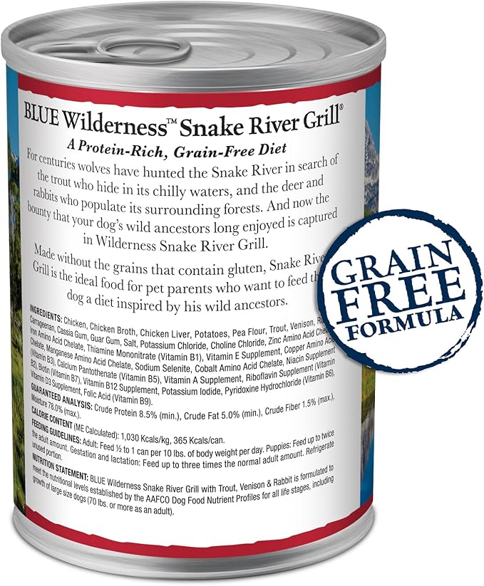 Blue Buffalo Wilderness Snake River Grill High Protein, Natural Wet Dog Food, Trout, Venison & Rabbit 12.5-oz cans (Pack of 12)
