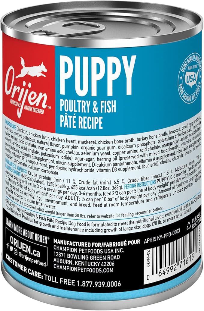 ORIJEN Puppy Poultry & Fish Pate Recipe Wet Dog Food, Pate Dog Food for Puppies, WholePrey Ingredients, 12.8oz (Case of 12)