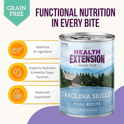 Health Extension Dog Food, Carolina Skillet Pork Recipe - 12.5 oz, Grain Free, Added Vitamins and Minerals, for All Life Stages, Vet Formulated, Improve Gut Health, Immune Support (Case of 12 Cans)