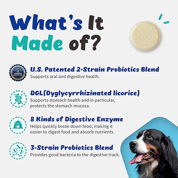 Probiotics Chewable Digestive System Health for Dogs - Patented 2-Strain Probiotics That Help Oral Health, DGL, Propolis, Digestive Enzymes, Vegan Chicken Flavor (90 Chewables)