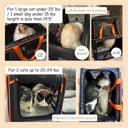 20 x 14 x 14 inches expandable pet carrier for 1 large cat Under 25 lbs,2 medium cats/rabbits 20 lbs+, 1 small dog under 15 lbs,cat Crate/Bag for short trip/long distance car Travel