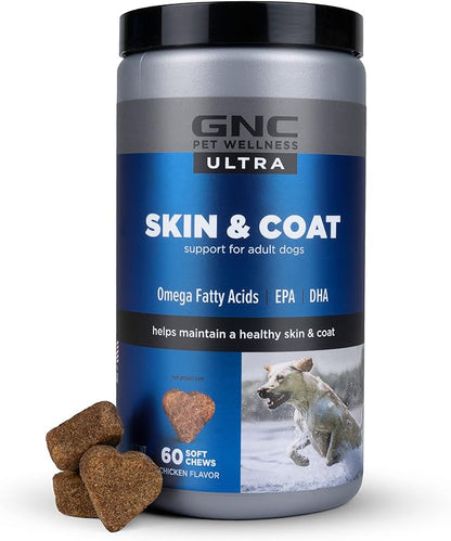 GNC Pets ULTRA Skin & Coat Soft Chews, All Dogs, Chicken Flavor. 60-ct in a 16-oz Canister | Daily Supplement for Skin & Coat for Dogs in Chewable Chicken Flavor