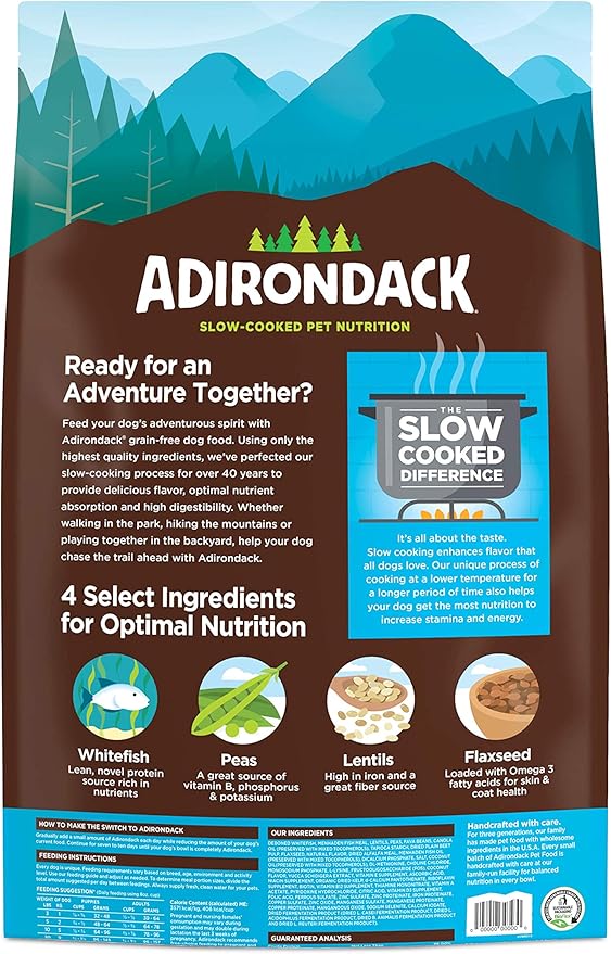 Adirondack Dog Food Made in USA [Limited Ingredient Grain Free Dog Food], All Life Stages Dry Dog Food, Whitefish and Peas Recipe, 25 lb. Bag
