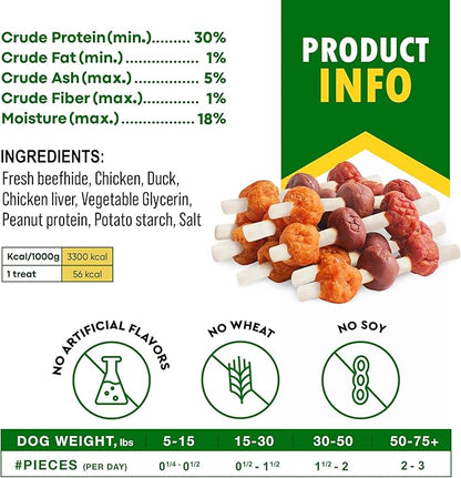 Beloved Pets Kabobs Dog Treats with Duck & Chicken Human Grade Meat - All Natural Pet Dried Snacks Rawhide - Free & Grain Free Long Lasting Chews for Large & Small Dogs - Supports Healthy Teeth