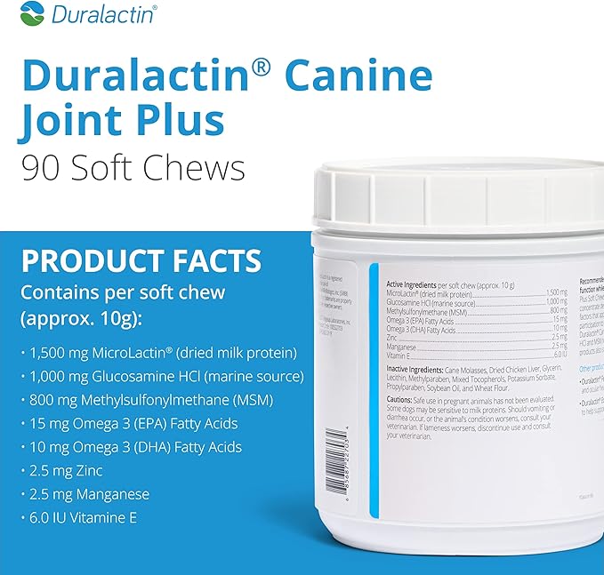 PRN Pharmacal Duralactin Canine Joint Plus - Joint Health Supplement for Dogs & Puppies to Support Healthy Cartilage Levels & Joint Function while Helping Manage Soreness - 90 Soft Chews