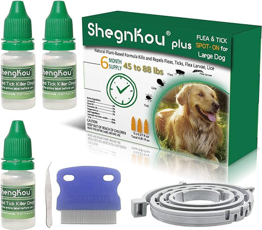 Total Pest Defense: Dog Flea and Tick Prevention Drops, Repels Efficiently, Natural Formula, Comes with Free Flea Collar and Comb, for Dogs 4-44-88 lbs, (6 Month Supply)