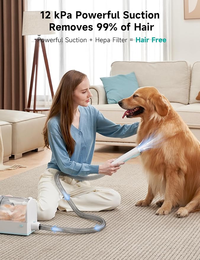 Hicozy S1+ Dog Grooming Vacuum, Minimum 45dB Pet Friendly Cozy Mode™, 12Kpa/120V AC Dog Hair Vacuum with 2L Dust Cup, 6 Professional Grooming Tools Pet Vacuum Grooming Kit, Blue
