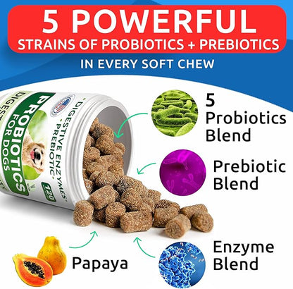 BARK&SPARK Dog Probiotics & Digestive Enzymes (Gut Health) Allergy & Itchy Skin - Pet Diarrhea Gas Treatment Upset Stomach Relief, Digestion Health Prebiotic Supplement Large Dog Treats (240Ct Bacon)