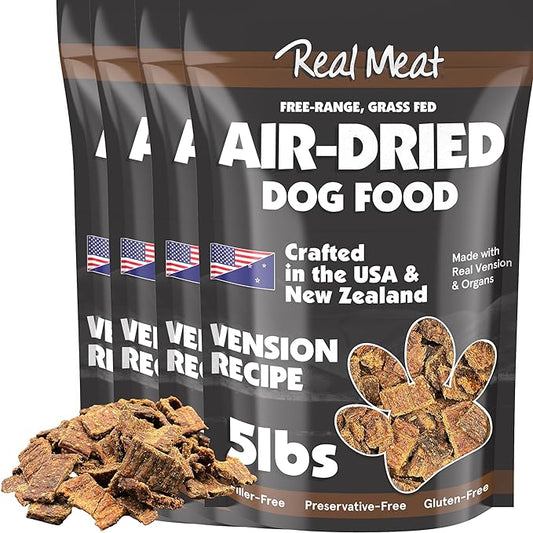 Real Meat Air Dried Dog Food w/ Real Venison - Four 5lb Bag of USA-Crafted Grain-Free Real Meat Dog Food Sourced from Hormone-Free, Free-Range, Grass-Fed Venison - All Natural, High Protein Venison