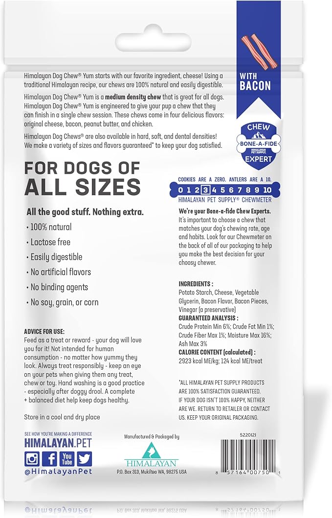 Himalayan Dog Chew Yak Cheese Dog Chews, 100% Natural, Long Lasting, Gluten Free, Healthy & Safe Dog Treats, Lactose & Grain Free, Protein Rich, For All Breeds, Medium, Bacon Flavor, 4.5 oz