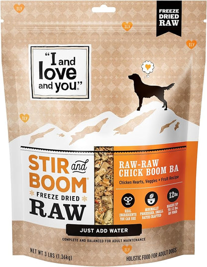 I AND LOVE AND YOU Stir and Boom Dehydrated Freeze Dried Raw Dog Food - Chicken - Grain Free, Real Meat, No Fillers, 3lb Bag
