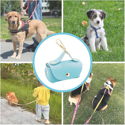 Leather Poop Bag Holder Dispenser for Leash, Portable and Reusable Dog Poop Bag Dispenser, Dog Bag Holder for Walking, Outdoor, Travelling (Blue)