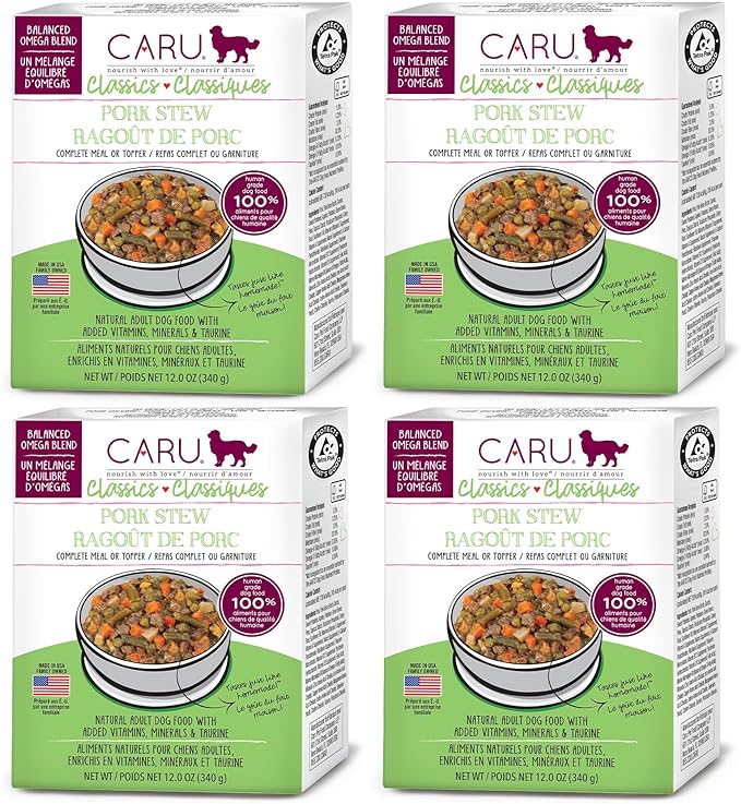 Caru - Classics Pork Stew for Dogs - Healthy Wet Dog Food or Food Topper - Balanced Omega Blend - 12.5 oz Cartons - Pack of 4