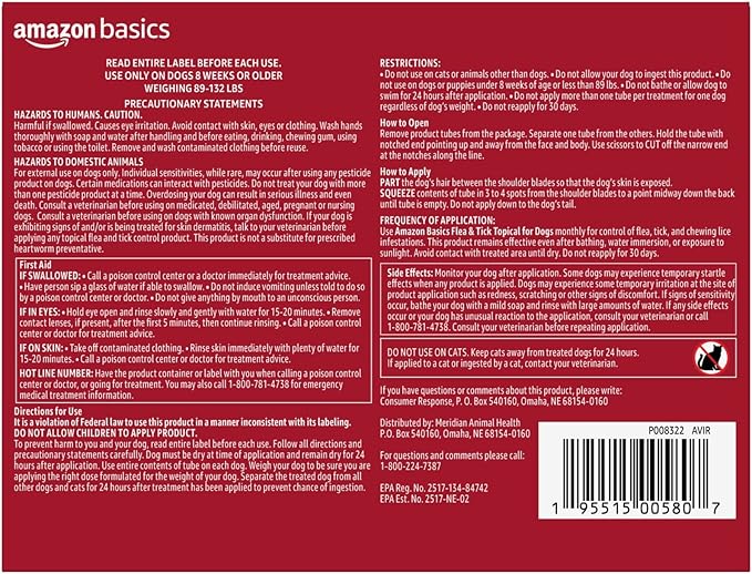 Amazon Basics Flea and Tick Topical Treatment for X-Large Dogs (89-132 lbs), 6 Count (Previously Solimo)