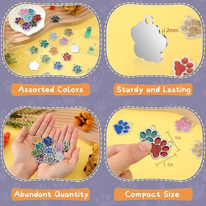 Abbylike 60 Pcs Personalized Dog Tags Blank Pet ID Tags Custom Glitter Paw Pet Tag Cute Metal Cat Name Tag Small DIY Engraved Puppy Name Tag for Dogs Pets(Silver)