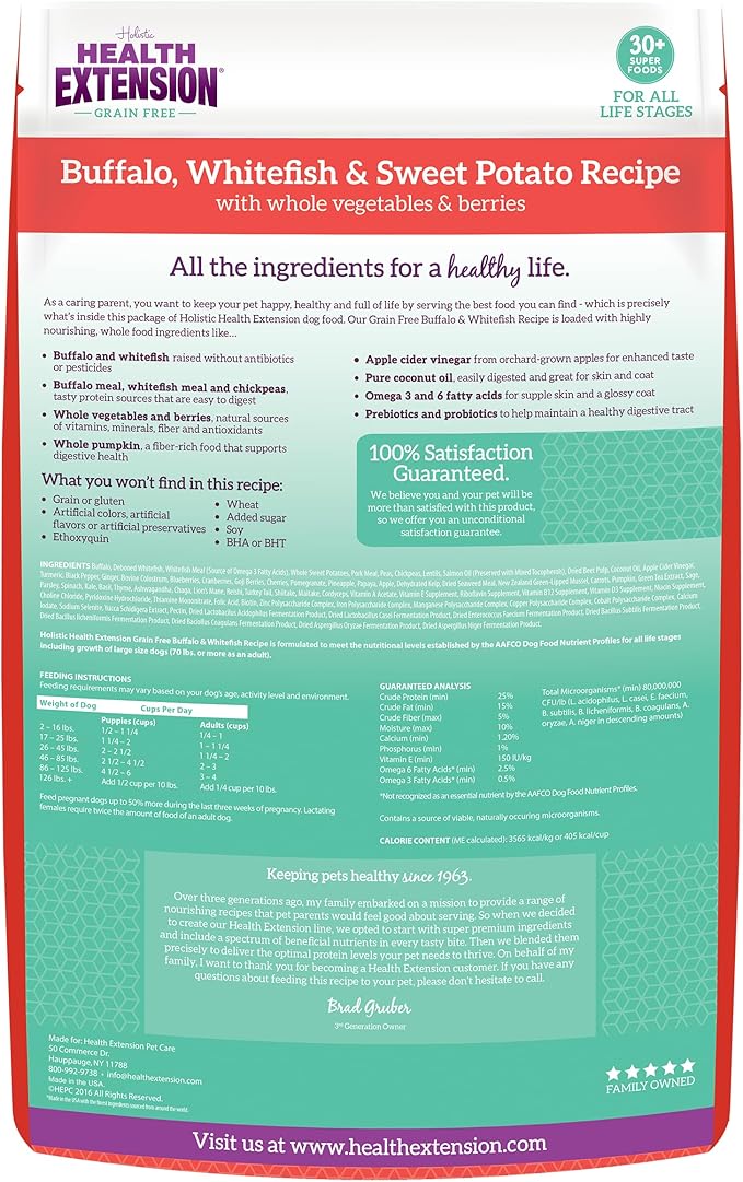 Health Extension Dry Dog Food, Natural Food with added Vitamins & Minerals, Suitable for All Puppies, Include Buffalo, Whitefish & Sweet Potato Recipe Recipe with Whole Vegetable & Berries (4 Pound)