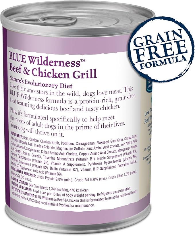 Blue Buffalo Wilderness High Protein, Natural Adult Wet Dog Food, Beef & Chicken Grill 12.5-oz cans (Pack of 12)