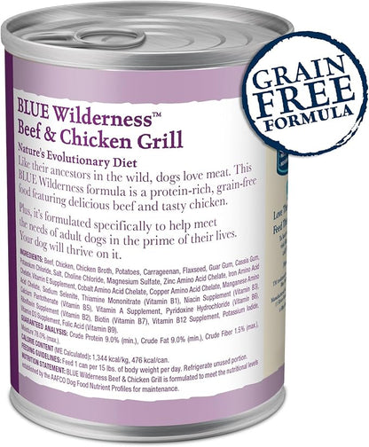 Blue Buffalo Wilderness High Protein, Natural Adult Wet Dog Food, Beef & Chicken Grill 12.5-oz cans (Pack of 12)