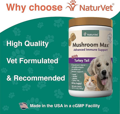 NaturVet Mushroom Max Advanced Immune Support Dog Supplement – Helps Strengthen Immunity, Overall Health for Dogs – Includes Shitake Mushrooms, Reishi, Turkey Tail – 120 Ct.