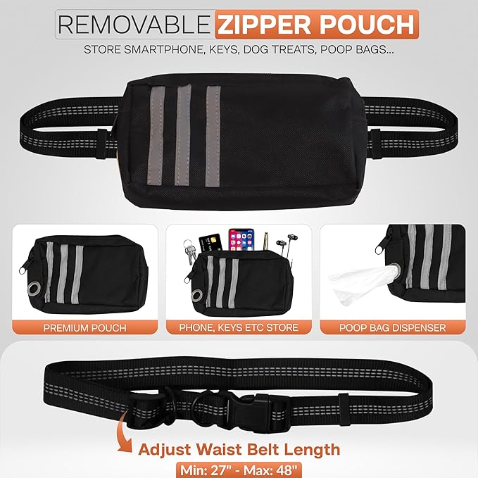 Hands Free Dog Leash with Waist Bag Fanny Pouch, Double Padded Handles, Adjustable Belt, Bungee Cord, Red