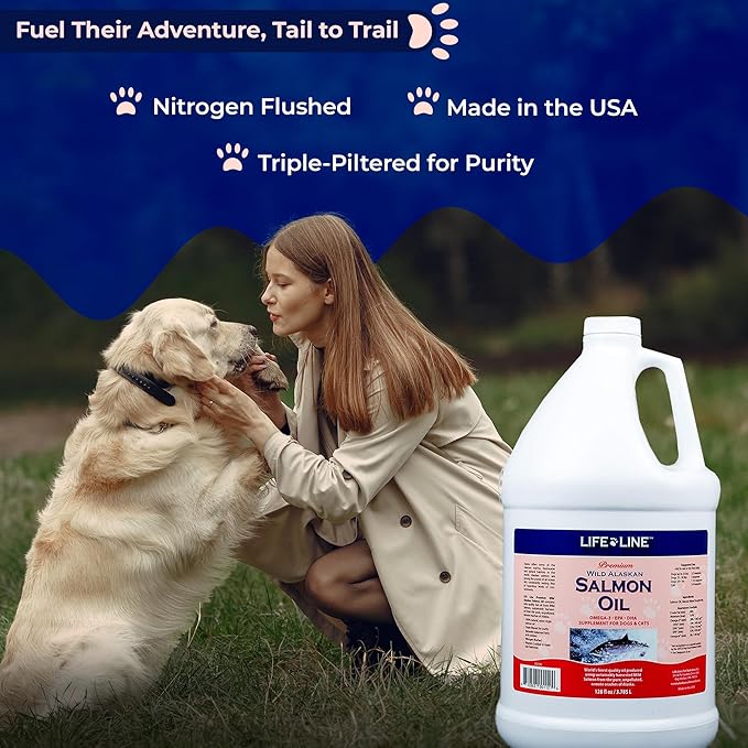 Life Line Pet Nutrition Wild Alaskan Salmon Oil Omega-3 Supplement for Skin & Coat – Supports Brain, Eye & Heart Health in Dogs & Cats, 128 oz
