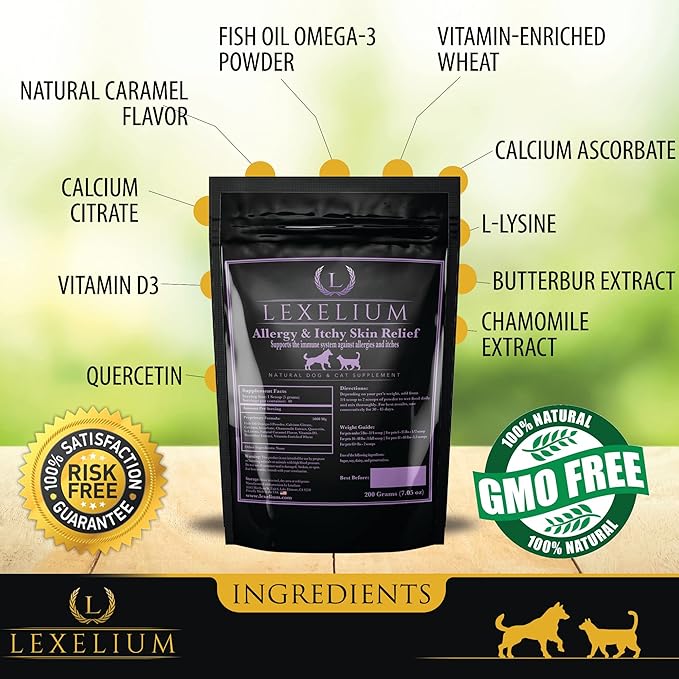 Allergy & Itch Relief Powder Supplement for Dogs & Cats - Fortified w/ Omega-3 Fish Oil | Long-term relief for Shedding, Skin & Itch, Seasonal Allergies, Hotspots - Bolsters the immune system- 200G
