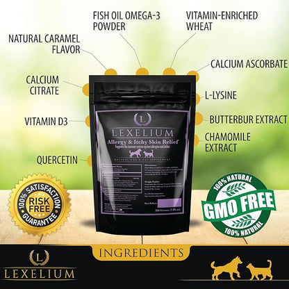 Allergy & Itch Relief Powder Supplement for Dogs & Cats - Fortified w/ Omega-3 Fish Oil | Long-term relief for Shedding, Skin & Itch, Seasonal Allergies, Hotspots - Bolsters the immune system- 200G
