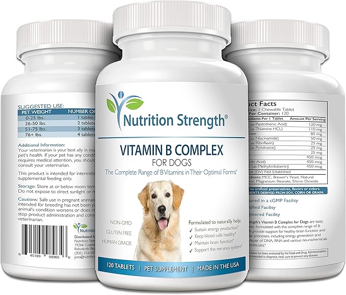 Vitamin B for Dogs, Complete B Complex for Dogs, Promote Blood Cell & Nervous System Health, Help Sustain Cellular Energy Production & Maintain Brain Function, 120 Chewable Tablets