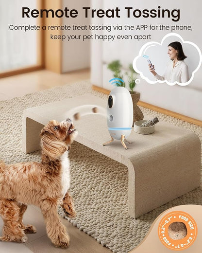 Dog Camera Treat Dispenser, 330° View Dog Cam Pet Security Camera, 2K/4MP HD with Night Vision, Support 2.4GHz Wi-Fi, 2-Way Audio, Indicator Light, Free Cloud Storage, No Monthly Fee