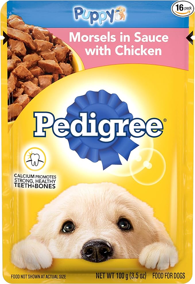 PEDIGREE PUPPY Soft Wet Dog Food Morsels in Sauce With Chicken, 3.5 oz Pouches, 16 Pack