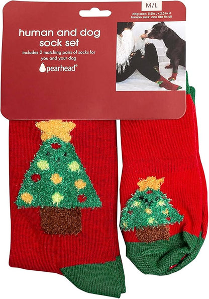 Pearhead Matching Human and Dog Apparel, Christmas Socks Set for Dog and Owner, Green and Red Christmas Tree Dog Socks and Adult Socks