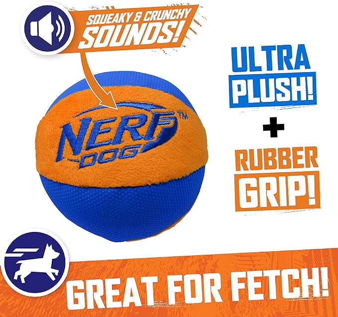 Nerf Dog Trackshot Ball Dog Toy with Interactive Squeaker and Crunch, Lightweight, Durable and Water Resistant, 4.5 Inches, For Medium/Large Breeds, Single Unit, Blue/Orange