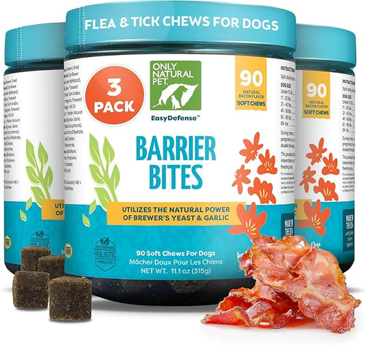 Only Natural Pet EasyDefense Barrier Bites Soft Flea Chews for Dogs - First Line of Defense Againts Fleas & Ticks, Boosts Immune System and Healthy Skin & Coat - (90 Bacon Flavored Soft Chews) 3 Pack