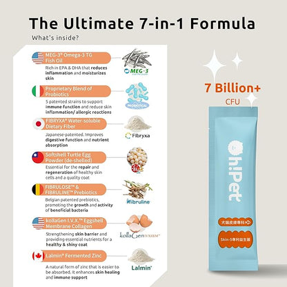 7-in-1 Skin & Coat Probiotics Powder for Dogs & Cats - 7 Billion CFUs, Omega-3 Fish Oil, Zinc, Eggshell Membrane, Softshell Turtle Egg Powder, Prebiotics, Dietary Fiber | 30 Packets